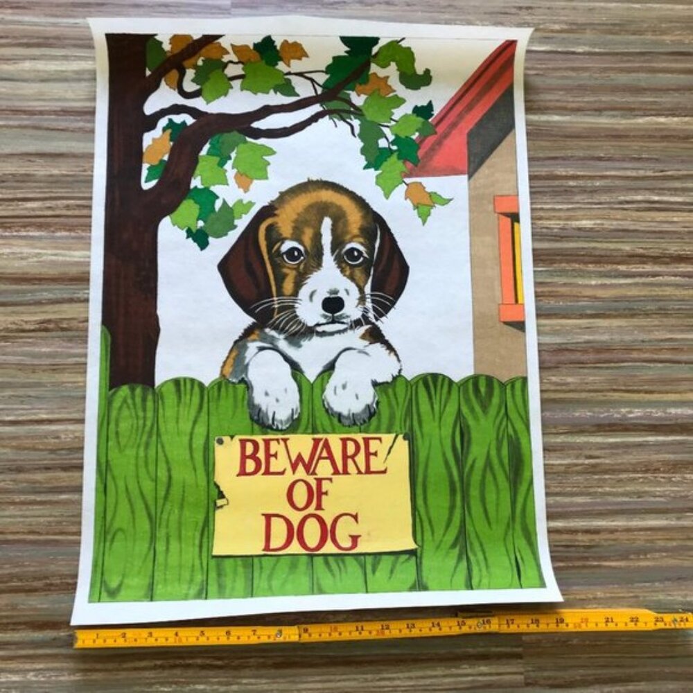 Beware of Dog Completed Wall Hanging Artex Tri-Chem Cute Puppy Painting 19x26
